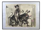 an image of a painting of a man riding a bull