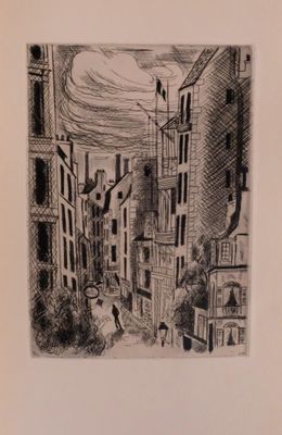 drawing of a drawing of a city street with buildings and a person walking