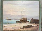 a painting of a boat on the beach by the water