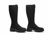a pair of black boots on a white background