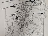 cartoon drawing of a man in a helicopter with a dog in the cockpit
