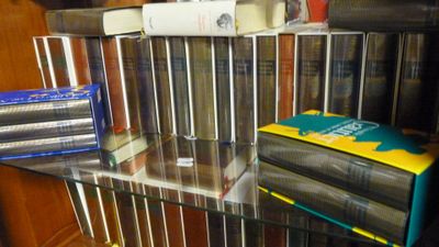 une étagère en verre sur laquelle sont posés tout un tas de livres