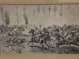 painting of a group of men riding horses in a field