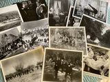 several old black and white photos of people and horses in a field