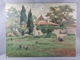 un tableau représentant une scène de vie à la ferme avec une vache et des poules