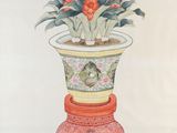 painting of a potted plant on a stand with flowers and birds