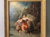 an oil painting of a woman and a child in a landscape