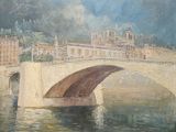 painting of a bridge over a body of water with buildings in the background
