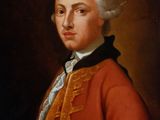 a painting of a man in a red coat holding a fan