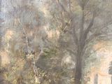 an oil painting of a house in a wooded area with trees and bushes