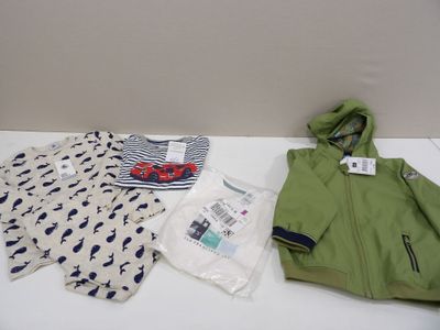 a pile of clothing on a table next to a wall