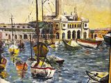 a painting of boats in a harbor with a building in the background