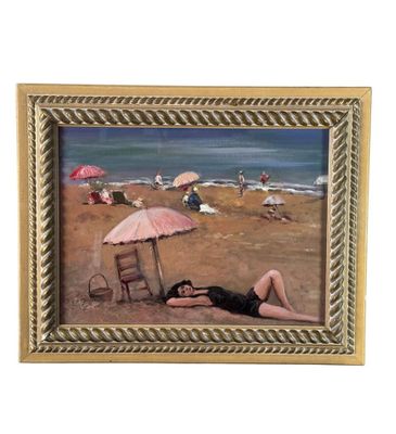 tableau représentant une femme allongée sur une plage avec un parasol rose