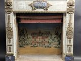 an old fashioned fireplace with a painting of a house on the mantle
