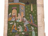 un ancien manuscrit sur lequel figure une peinture représentant un groupe de personnes dans un champ