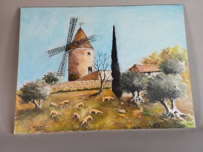 un tableau représentant un moulin à vent sur une colline, avec des moutons