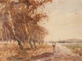 un tableau représentant un homme marchant sur un chemin de terre