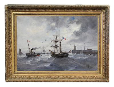 une peinture à l'huile représentant des bateaux en mer, avec un phare en arrière-plan