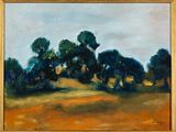 an oil painting of trees in a field with a sky background