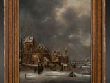 un tableau représentant une scène hivernale avec des personnages sur une rivière gelée