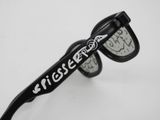 sunglasses with a black frame and a white logo on the side