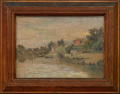 l'image d'une peinture représentant une rivière avec une maison à l'arrière-plan