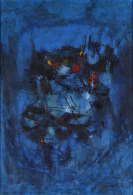 l'image d'une peinture représentant un bateau sur un plan d'eau
