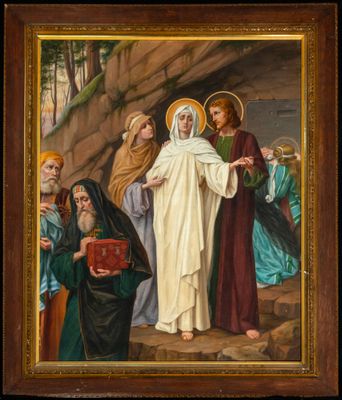 an image of a painting of a group of people standing in front of a cave