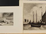 two pictures of boats on the water with people in the background