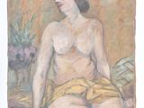 tableau représentant une femme nue assise sur un lit, avec un vase de fleurs en arrière-plan