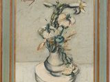 a painting of flowers in a vase on a table