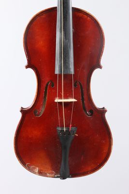 a close up of a violin with a bow on a white background