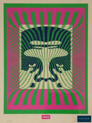 une affiche verte et rose avec le visage d'un homme au centre