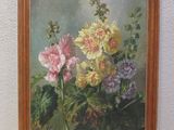 une peinture à l'huile représentant des fleurs dans un vase sur une table