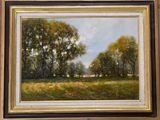 an oil painting of a field with trees and a house in the distance