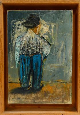 an oil painting of a man in a hat and blue pants