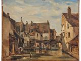 an image of a painting of a street scene with buildings and a horse