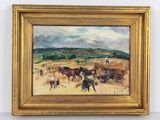 une peinture à l'huile représentant une scène de vie à la ferme avec des chevaux et des personnages