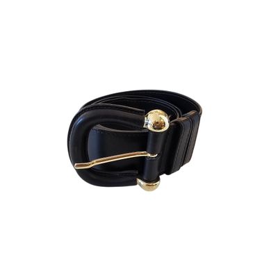 black leather belt with gold buckle on a white background