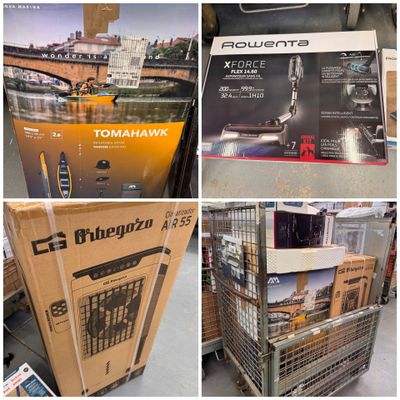 plusieurs photos montrant un tas de cartons dans un magasin