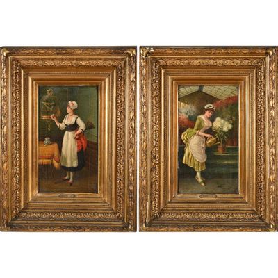 paire de peintures à l'huile du XIXe siècle représentant des femmes dans un décor champêtre