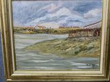 tableau représentant un pont au-dessus d'un plan d'eau, dans un cadre doré