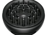 a close up of a black shower head on a white background