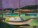 une peinture à l'huile représentant des bateaux amarrés dans un port, la nuit