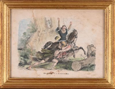 un vieux tableau représentant un homme à cheval avec une femme à ses côtés
