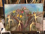 tableau représentant un groupe de personnes tenant un bouquet de fruits devant un arbre