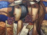 tableau représentant deux femmes coiffées de chapeaux, sur fond bleu