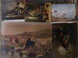 four pictures of a man on a horse in a field