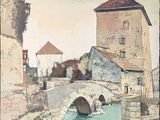 une peinture représentant un pont en pierre enjambant une petite rivière
