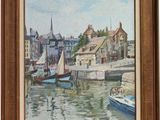 an oil painting of a harbor scene with a sailboat in the foreground